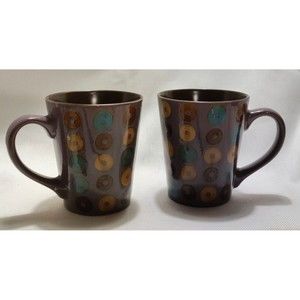 Mr Coffee Donut Themed Ceramic Coffee Mug Tea Cup Set Of 2 Purple, Brown & Teal